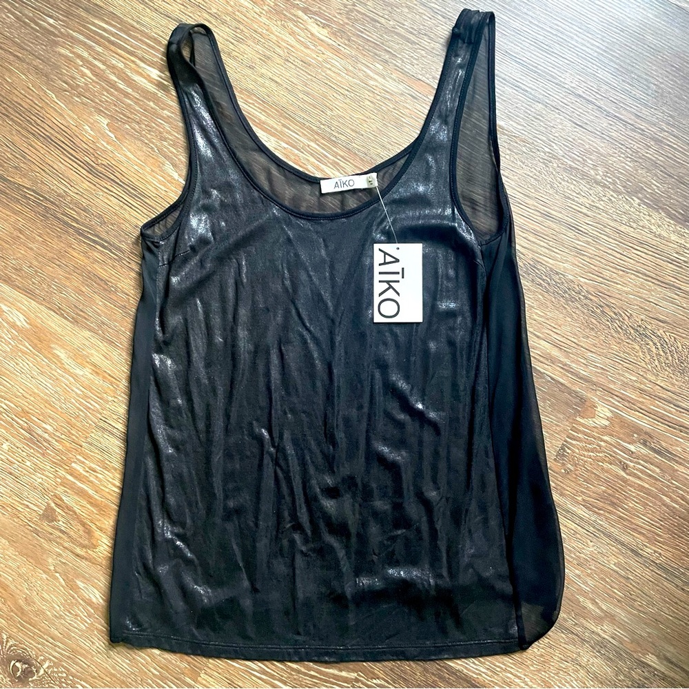 NWT Aiko sheer metallic silk tank - black, sexy, xs